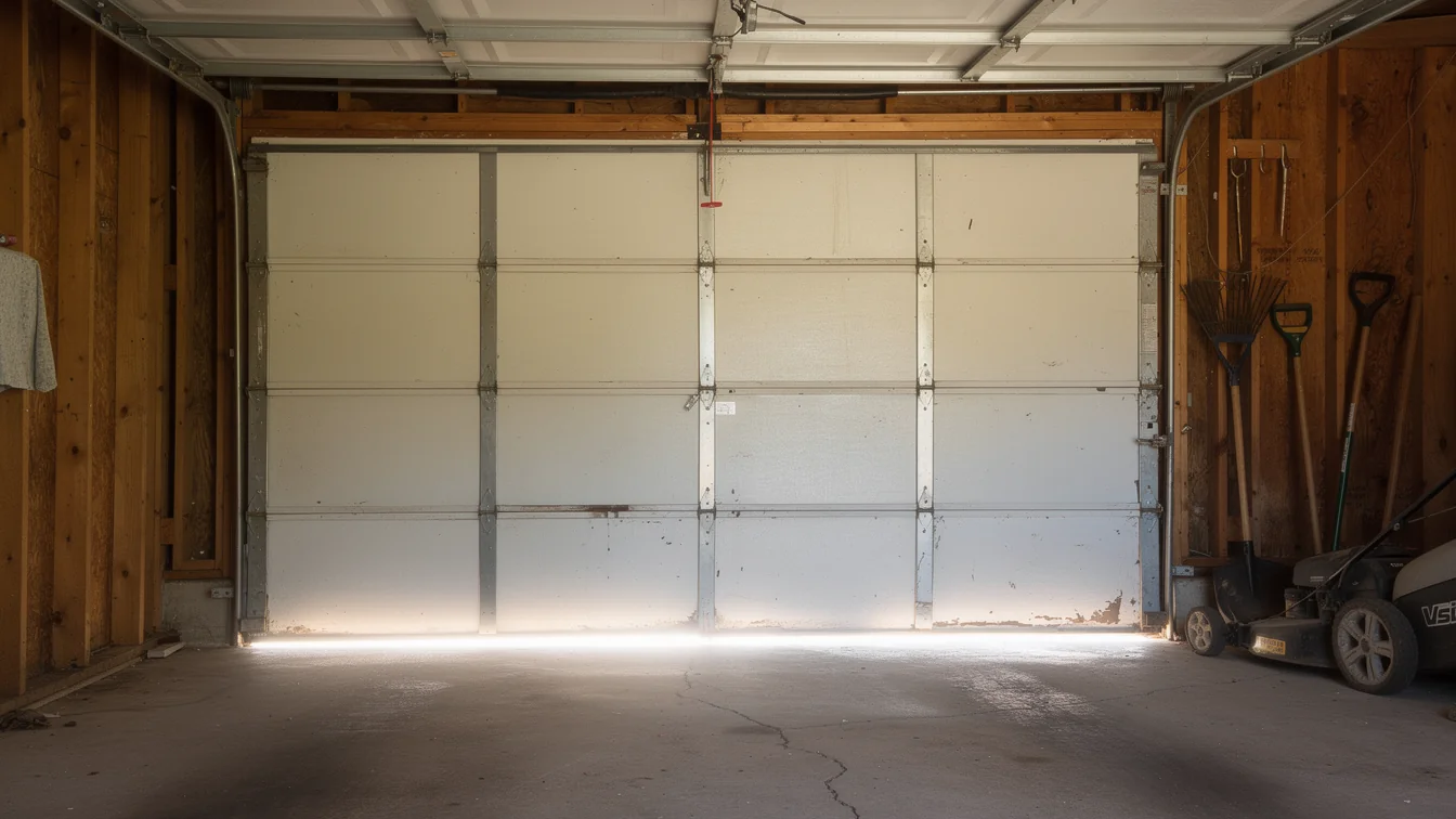 A white garage door is closed inside a garage with wooden walls.
