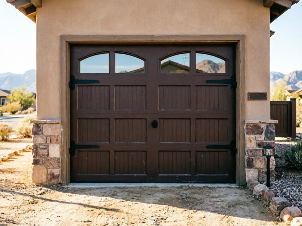 The brown garage door has arched windows and decorative black hardware.