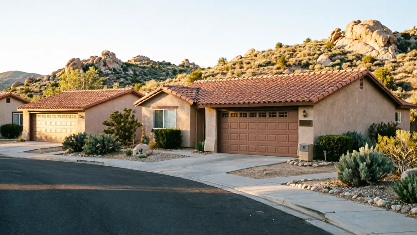 Three houses with brown garage doors and red tile roofs sit on a desert hillside.
