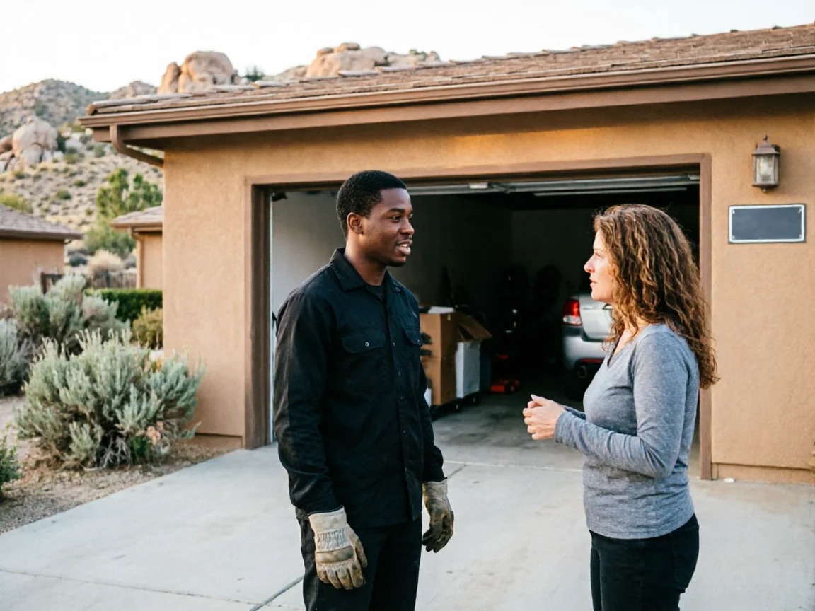A technician in gloves talks to a woman in front of an open garage.