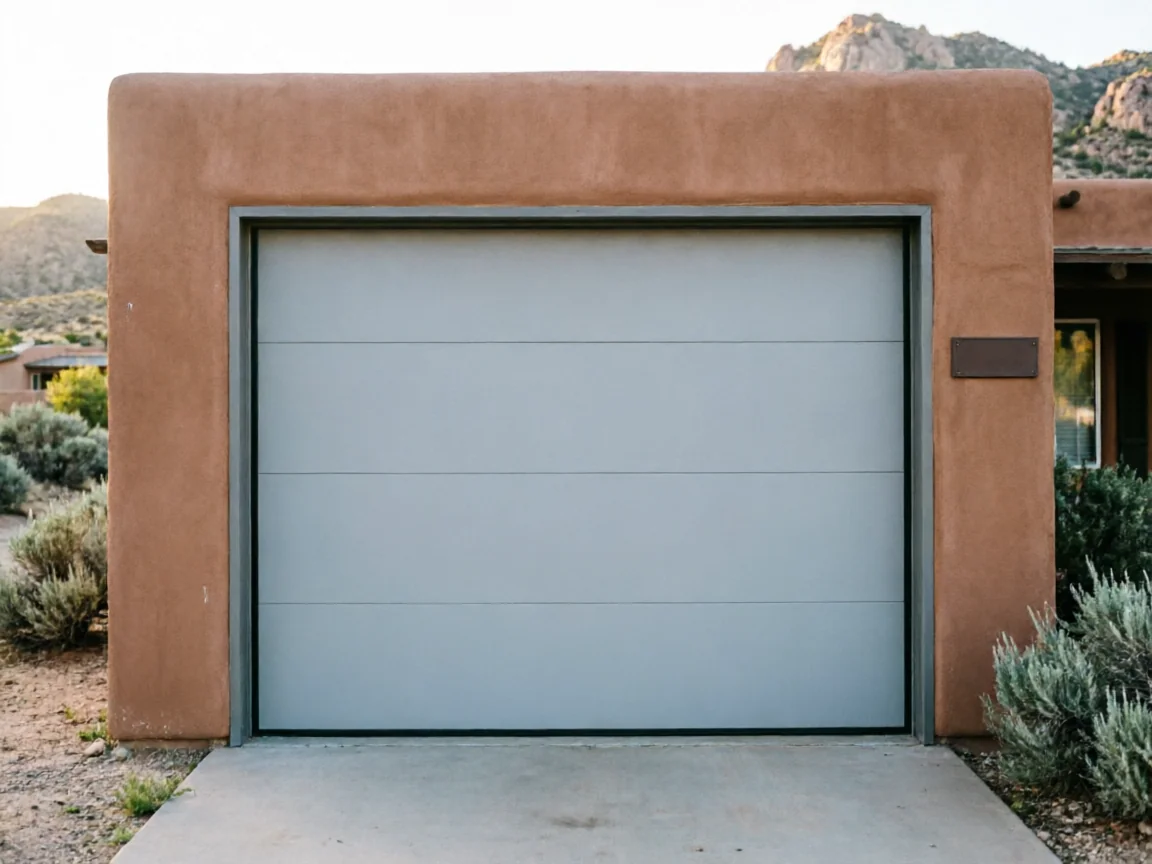 A light gray garage door is set into a brown stucco house.