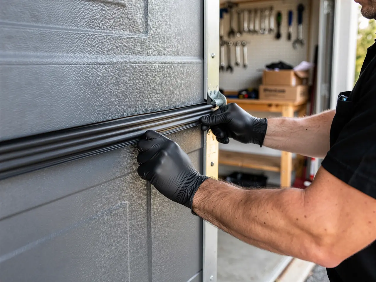 A technician in black gloves works on a gray garage door.