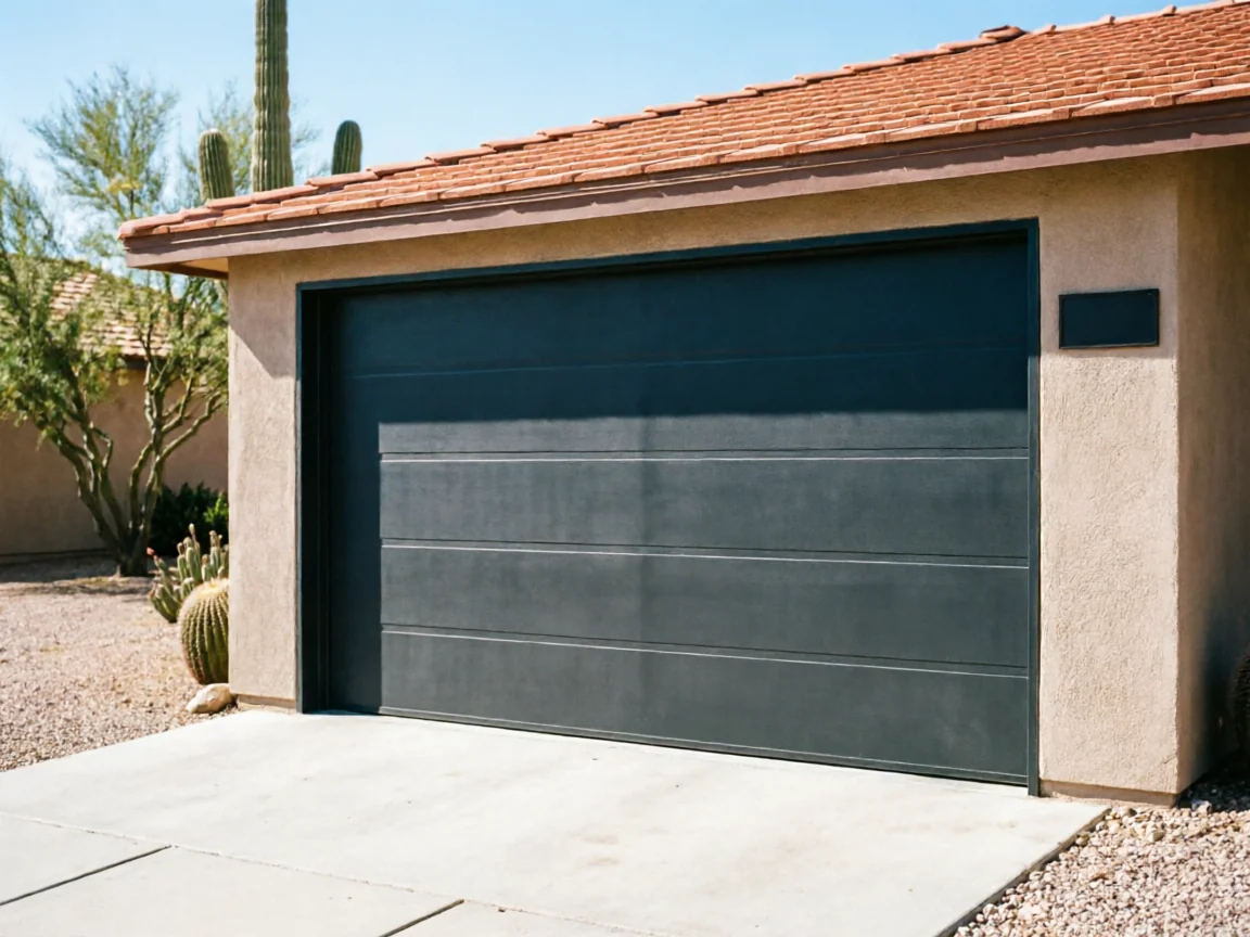 A dark gray garage door is on a stucco house with a red tile roof.