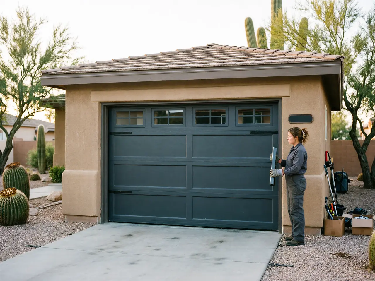 A technician in a gray jumpsuit stands next to a dark gray garage door.
