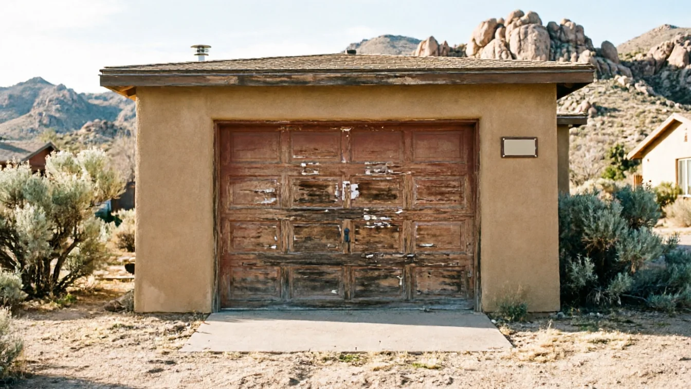 A single garage with a peeling wooden door stands in a desert landscape.